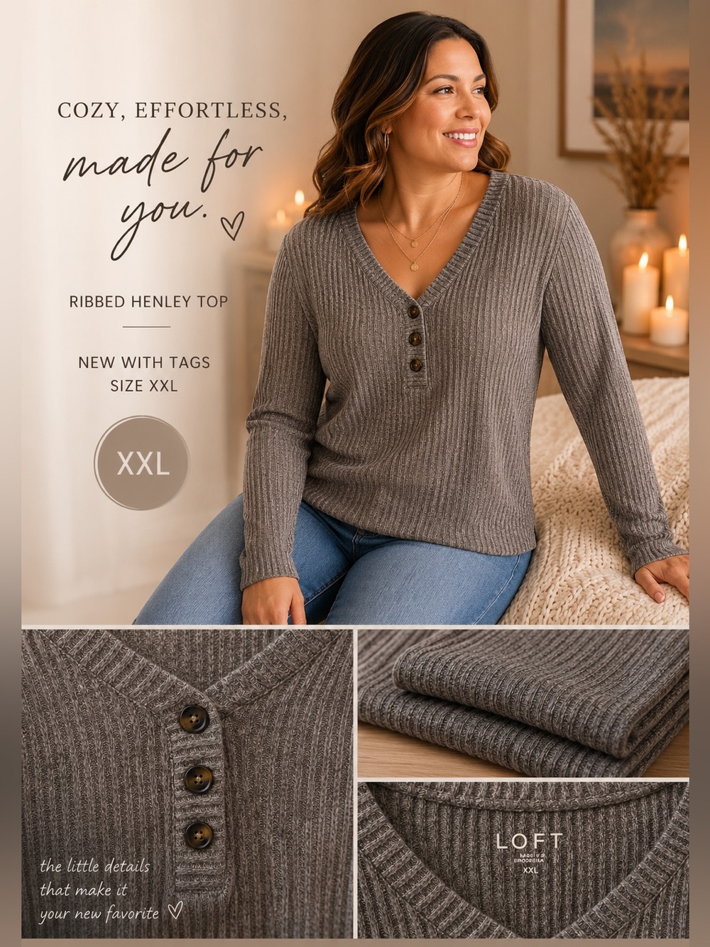 LOFT Womens Ribbed Henley Sweater - size xxl Gray